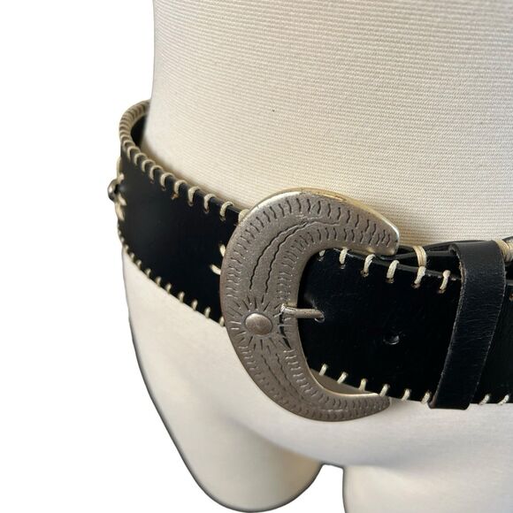 Women’s Black Leather Whipstitch Belt 2” Wide Bead Flowers Silver M main image 6
